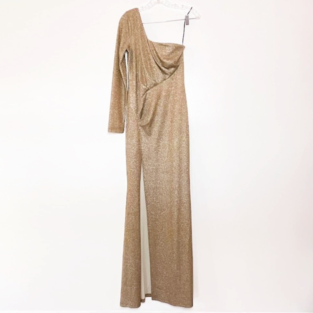 NWT Symphony Bronze Metallic Shimmer One Shoulder Gown W/ Side Split Sz L